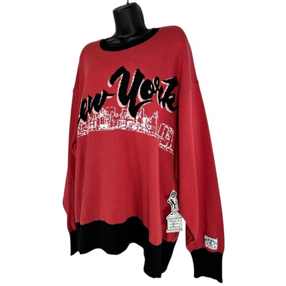 RVCA STELLA MAXWELL Skyline Sweater Sz L Red Black Colorblock New York Graphic - Picture 2 of 16